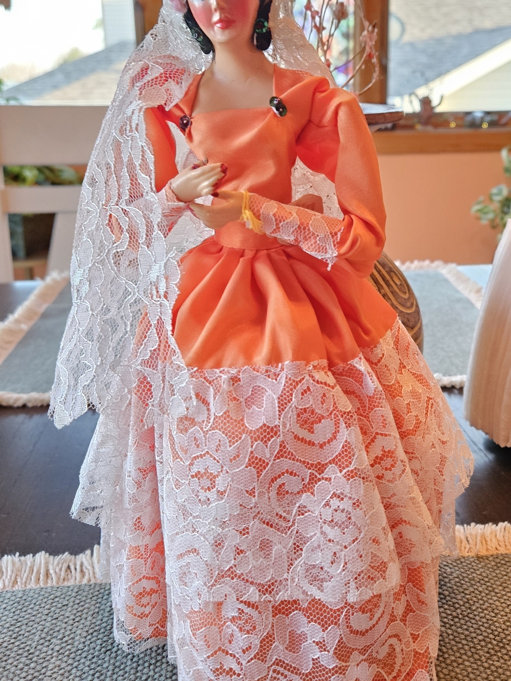 Vintage Hand Carved Senorita Spanish Doll on Stand Made in Mexico